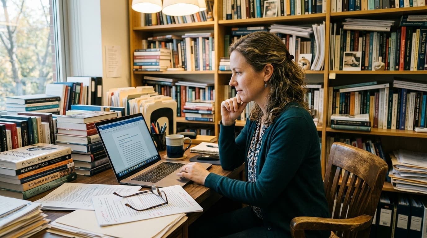 Researcher at a MacBook with Microsoft Word open, academic office with books and papers