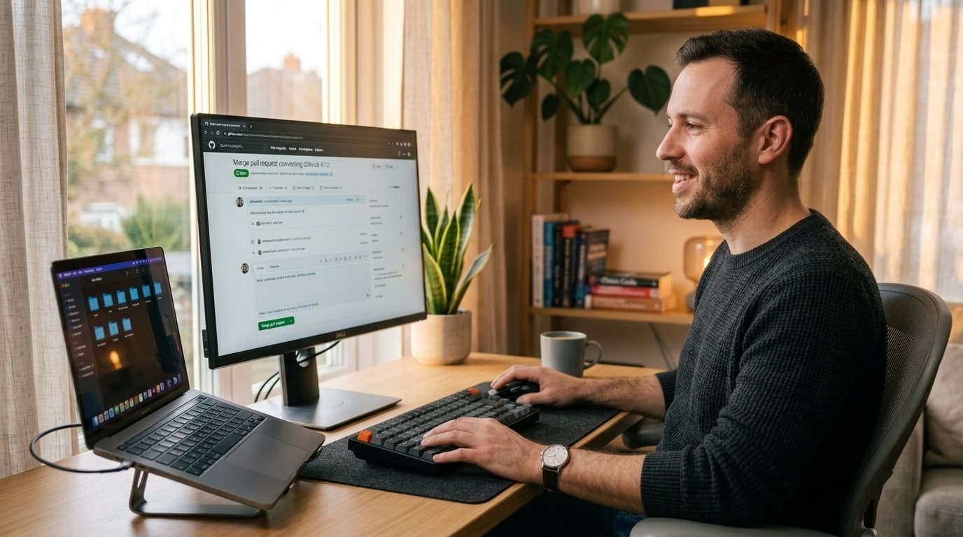 Developer wrapping up the day, PR submitted, golden afternoon light