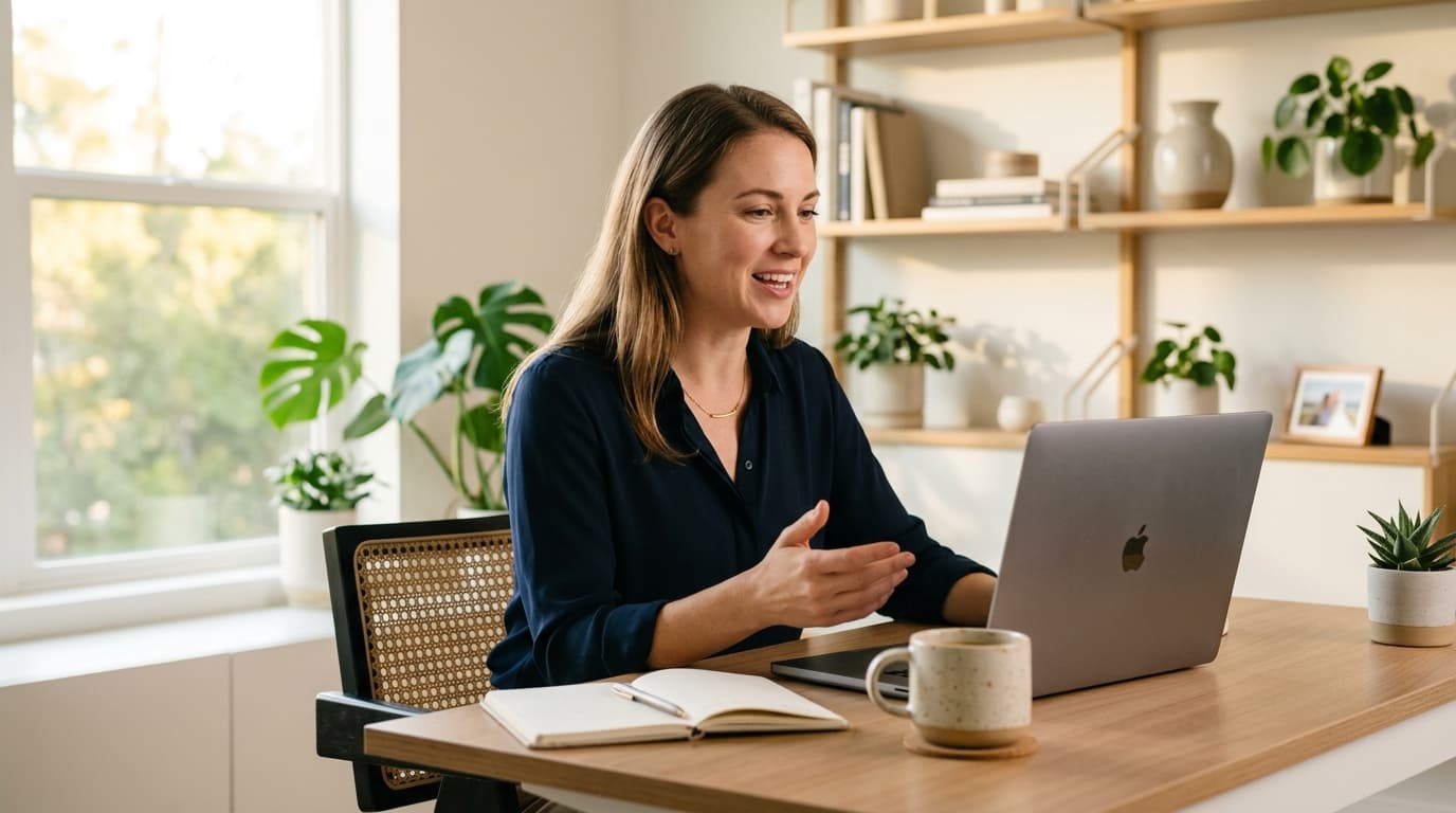 Professional dictating an email on a MacBook in a modern office