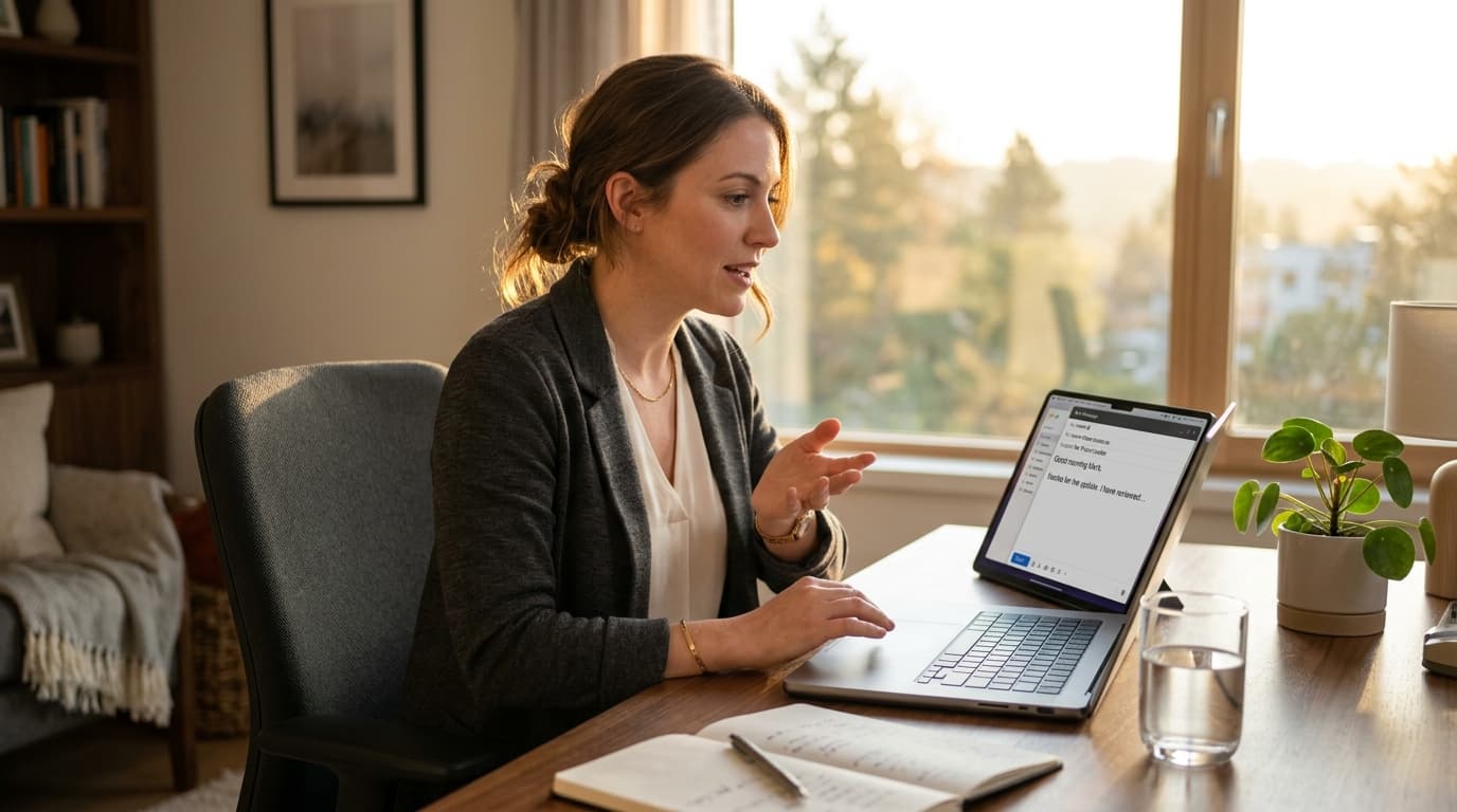 Professional dictating email replies during morning inbox triage