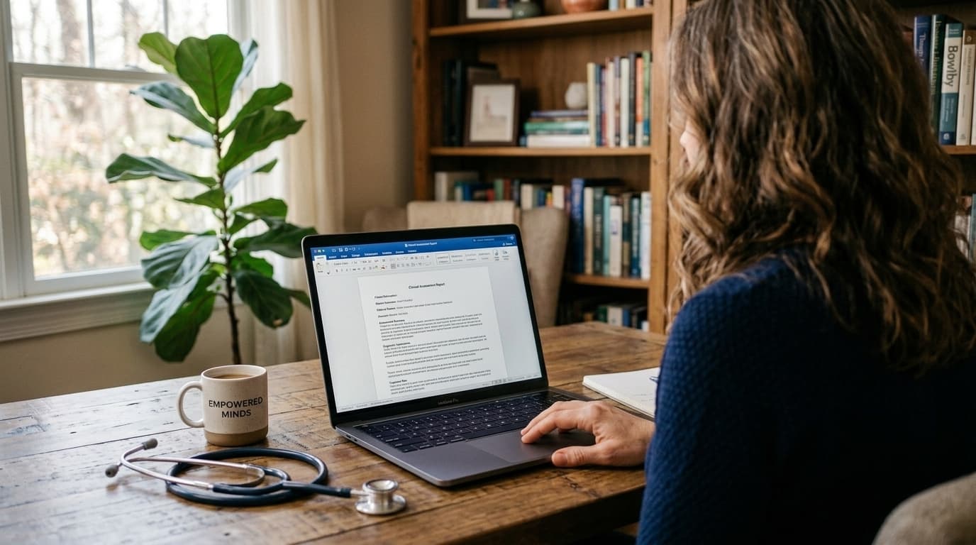 Clinician viewing a clinical assessment report on her MacBook
