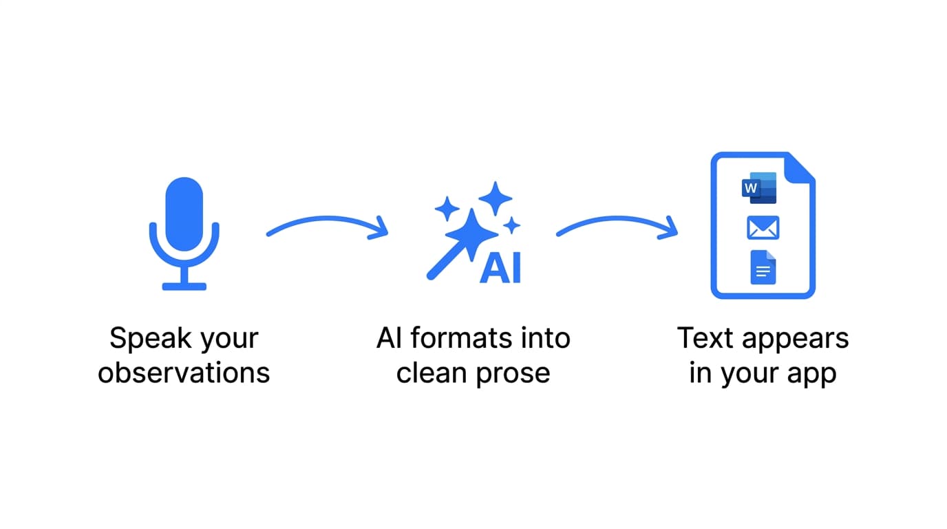 Workflow: Speak → AI Formats → Text appears in your app
