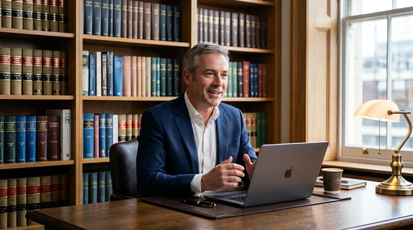 Lawyer at a MacBook dictating, professional office with legal books in background