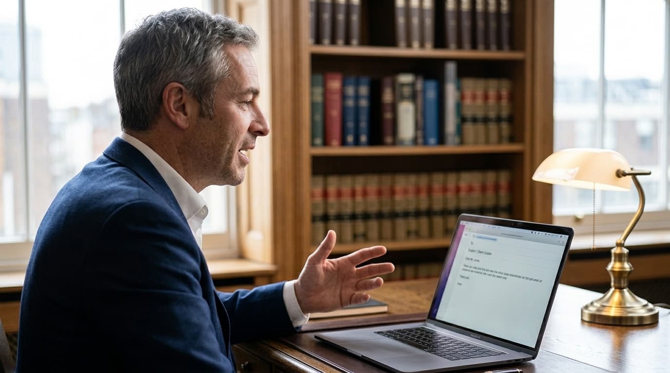Lawyer leaning forward, dictating a client email with focused intent